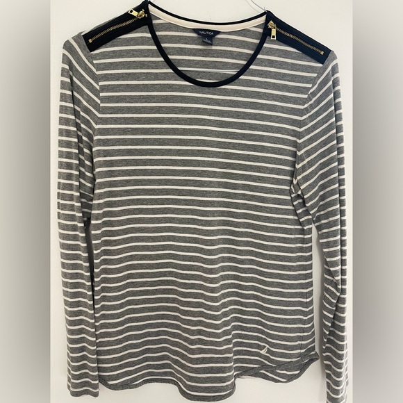 Nautica Tops - Nautica women's top in a white and grey striped pattern with shoulder zippers